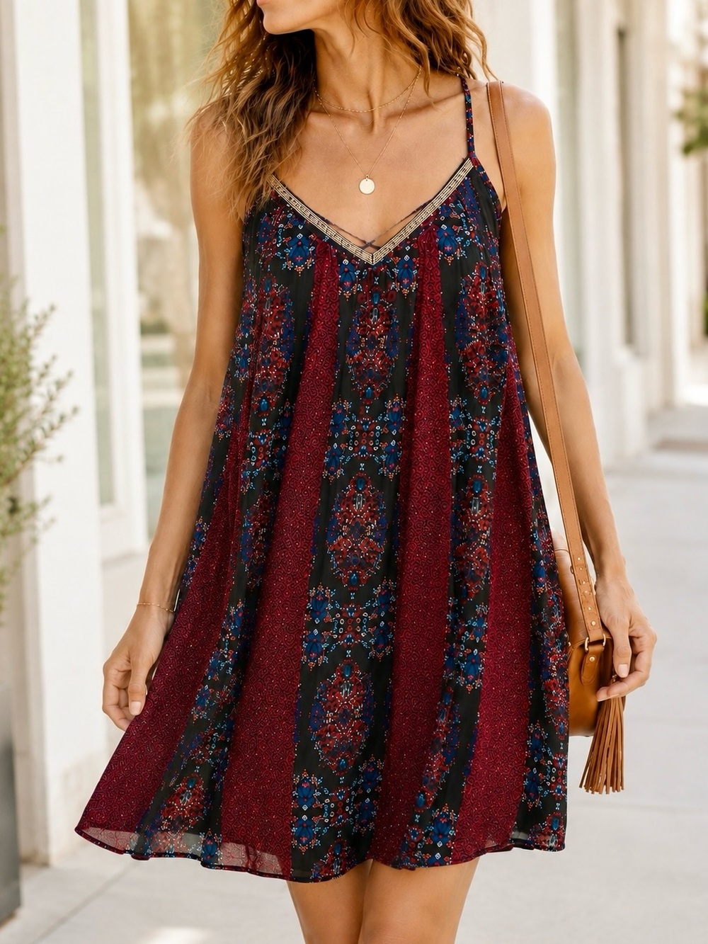 Socialite Boho Floral Patchwork Swing Dress Cross Back Cami Size Small